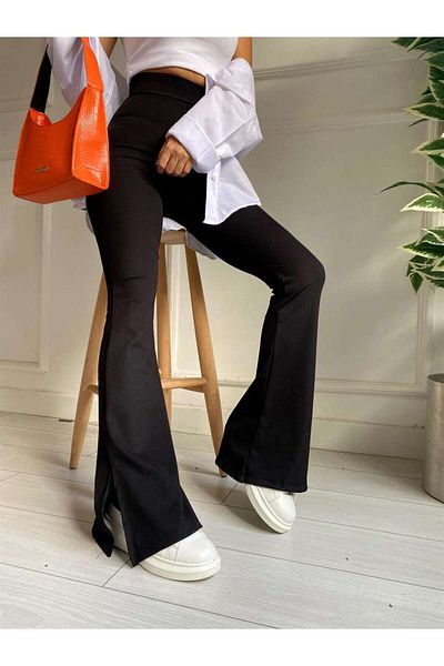 Laluvia Schwarze gerippte Leggings mit geschlitzten Beinen