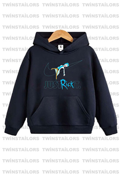 twins tailors سويت شيرت بقلنسوة للأطفال باللون الأزرق الداكن بطبعة ريك آند مو...