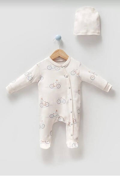 dubi baby Unisex Bicycle Printed Natural Front Buttoned Hat and Booties 2-Pie...