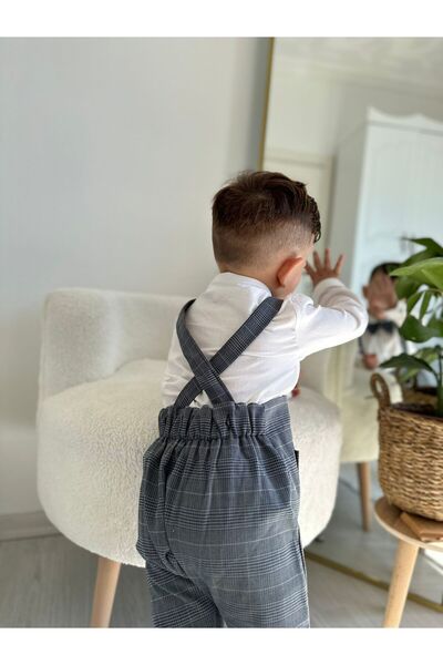 favorimkids Anthracite Striped Cotton Harem Salopet Classic Long Sleeve Shirt with Bow Tie