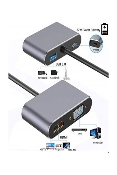 ULTRATEKNO Macbook Uyumlu Type-C™ To 4K Ultra Hd 1080p Hdmı/ Vga/ Pd Şarj/ USB 3.0 4IN1 Çevirici Hub Adaptör