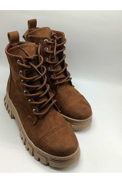 only my store Γυναικείες μπότες μαύρισμα, καφέ nubuck με φερμουάρ και ραμμένη σόλα με κορδόνια