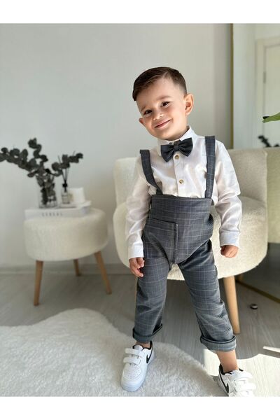 favorimkids Anthracite Striped Cotton Harem Salopet Classic Long Sleeve Shirt with Bow Tie