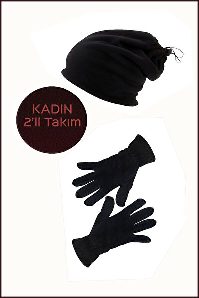 Mrey Kadın Siyah Termal Kışlık Polar Parmakları Kapalı Eldiven İpli Bere Boyunluk Şapka Olabilen 2'li Set