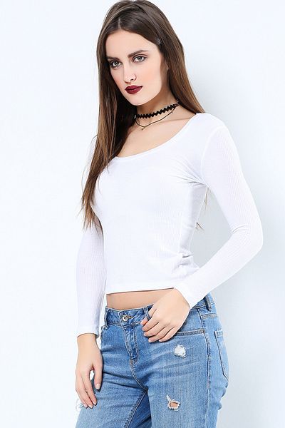 AVORWE Μακρυμάνικη Crop Μπλούζα με λαιμόκοψη U