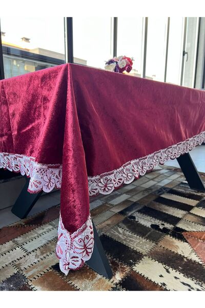 bursa çeyiz Claret Red Special Laced Velvet Tablecloth 160x220