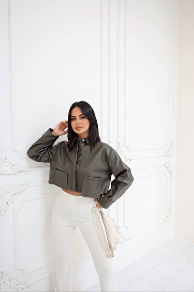 mavi pencere Cep Detay, Crop Deri Gömlek , Ceket