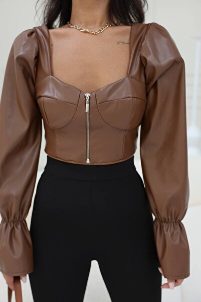 mavi pencere Fermuar Detay, Balon kol, Deri Korse Büstiyer