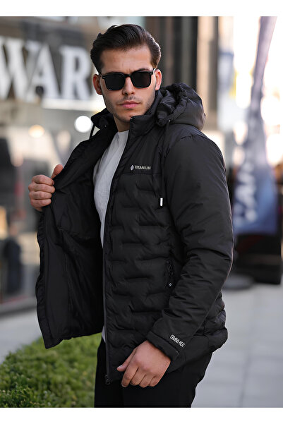 highlevel Hasır Detay Şişme Kapüşonlu Erkek Mont Siyah