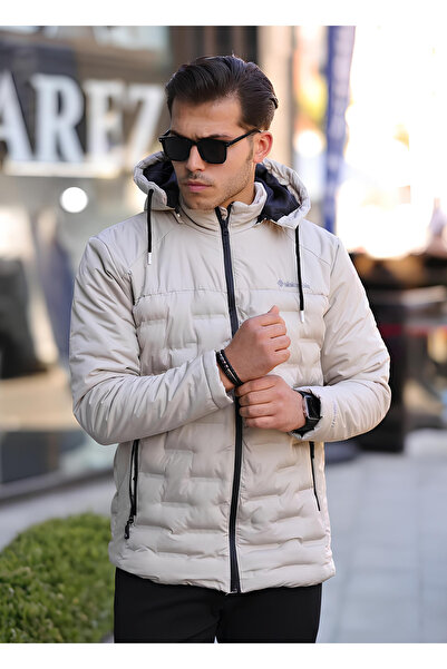 highlevel Hasır Detay Şişme Kapüşonlu Erkek Mont Bej