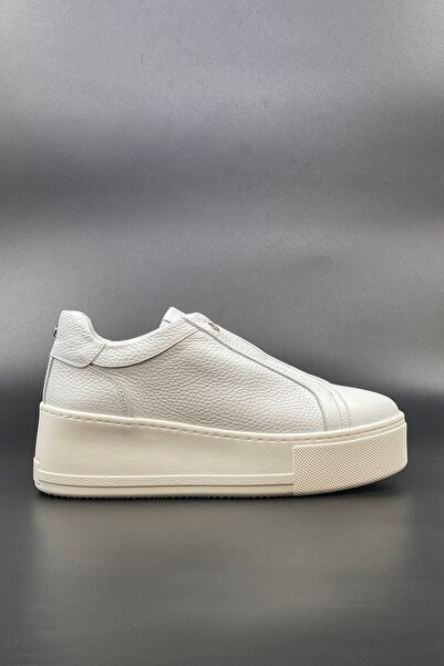 MAT Deri Women's White Sneakers Genuine Leather Hidden Elastic High Sole Snea...