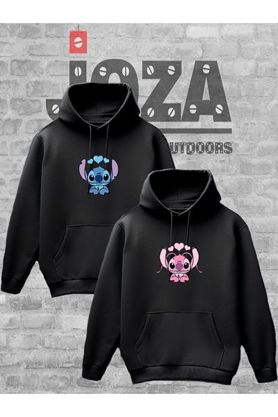 Joza Outdoors Women's Men's Unisex Lilo Stitch Printed Lover Couple Combination Design Hooded Sweatshirt Set of 2