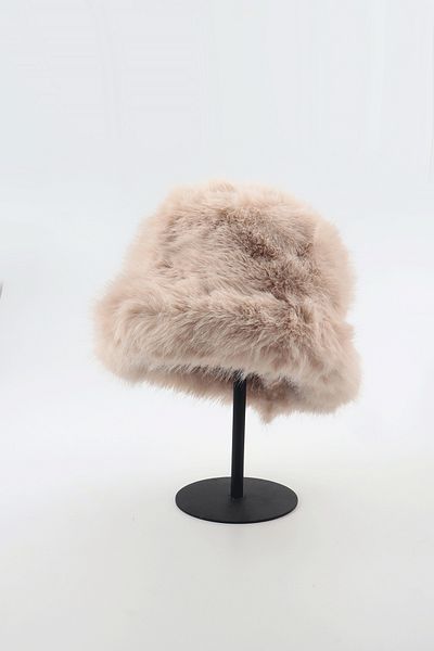 Kapin Beige Fur Round Hat Plush Bucket Hat