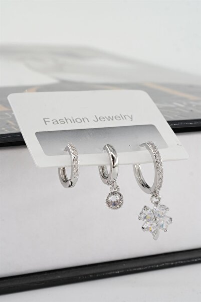 By Zeyna Aksesuar Kadın Vip Seri Zirkon Taşlı 3'lü Küpe