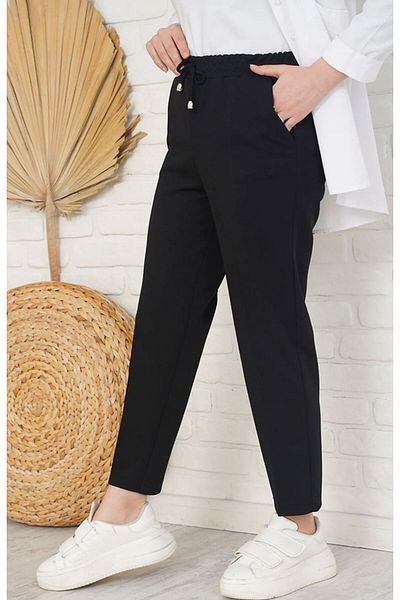 LAMİRAMOOD Γυναικείο παντελόνι με μαύρο Bird Eye Lace Λεπτομερές μοντέλο με διπλό πόδι Comfort