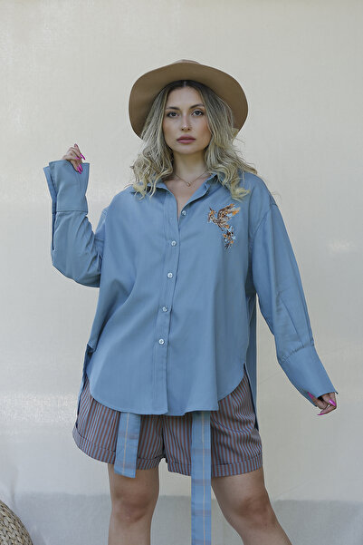 nb nuba company Anka Kadın Mavi Gömlek Baskılı