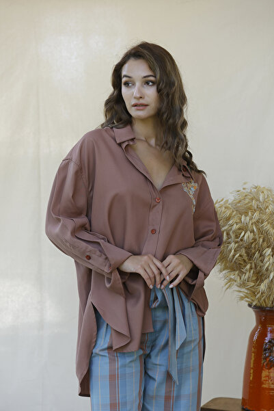 nb nuba company Anka Kadın Gömlek Kahve Nakışlı