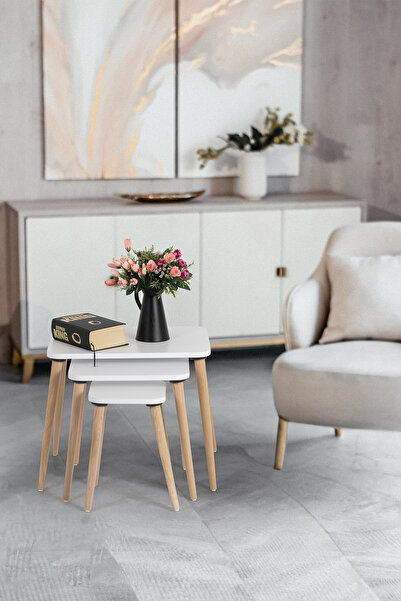 FLORADESİGN Flora Este Sehpa Ahşap Ayaklı Üçlü Zigon (beyaz)