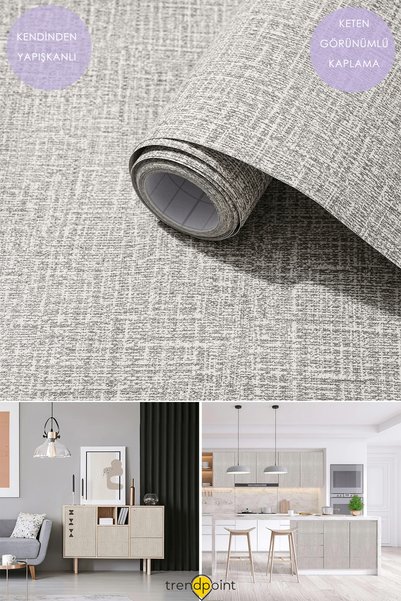 Trendpoint Kendinden Yapışkanlı 60cm×100cm Keten Görünümlü AçıkGri Duvar Kağı...
