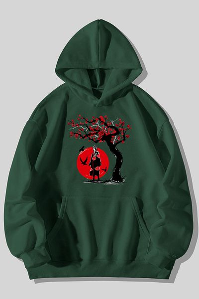 Harmandar Суитшърт с качулка и качулка с джоб и джоб на Naruto Akatsuki Itachi с принт на зелено кенгуру