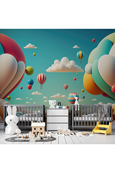 Plustablo Balon Gökyüzü Bulutlar Temalı Soyut 3D Bebek Çocuk Odası Poster Duv...