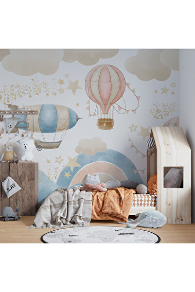 Plustablo Renkli Balonlar ve Zeplinli Bebek Çocuk Odası Poster Duvar Kağıdı, Kreş ve Anaokulu Duvar Kağıdı