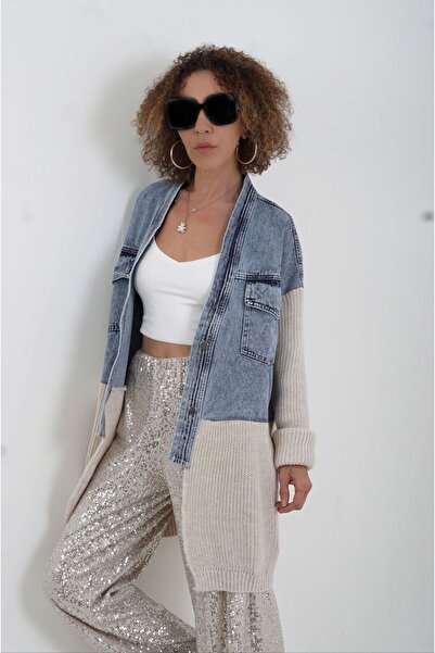 Zelish My Sister Taş Triko Detaylı Uzun Denim Ceket