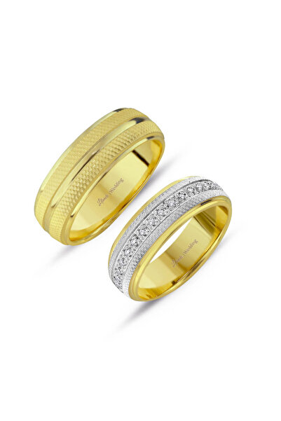 Lilarote Pırlanta Düz Kemerli Ve Taşlı Çift Altın Alyans