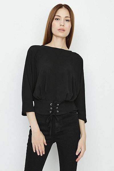 Select Moda Bluză de damă, neagră, cu detaliu în talie