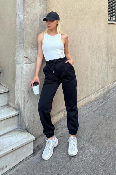 Swist Black High Waist Women's Sweatpants with Elastic Waistband Inside