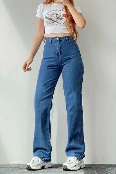 Trn JNS Amon Lycra Pantaloni Palazzo largi din denim cu talie superînaltă, albastră medie