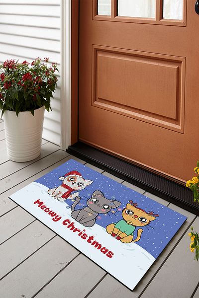 Vagonik New Year's Meowy Christmas Cat Digital Printed 50x70cm Decorative Multi-Purpose Indoor and Outdoor Door Mat