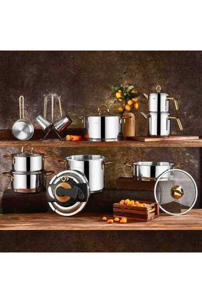OMS Collection 18 Piece Cylinder Gold Crushed Steel Handle Pot Set