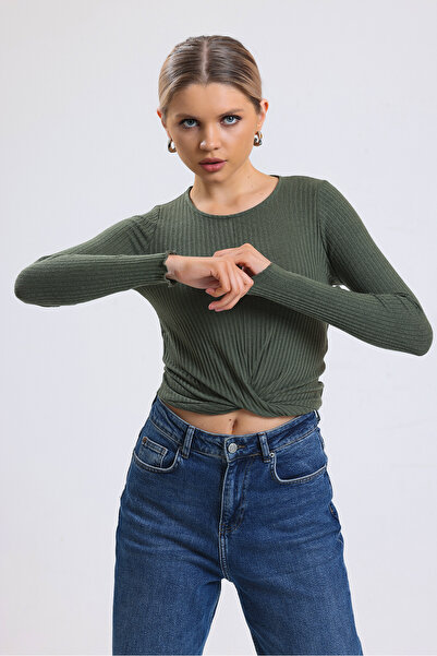 ladyzey πράσινη γυναικεία μακρυμάνικη μπλούζα με λαιμόκοψη μπροστά