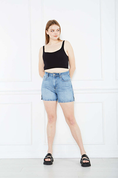 cracpot Mavi Yan Yırtmaçlı Klasik Şort (Kemer Dahil)