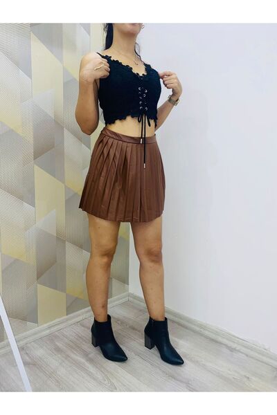 SUSEEMODA Önü Pileli Deri Şort Etek