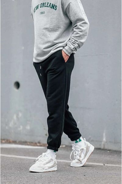 FİTGO Men's Black Unisex Sports 2 Thread Leg Rubber Tracksuit Bottom
