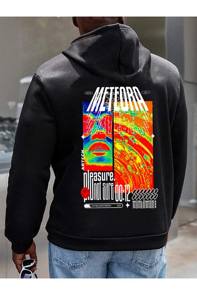 DEEPSENCE Unisex Oversize Black Hooded Sweatshirt Meteora Back printed