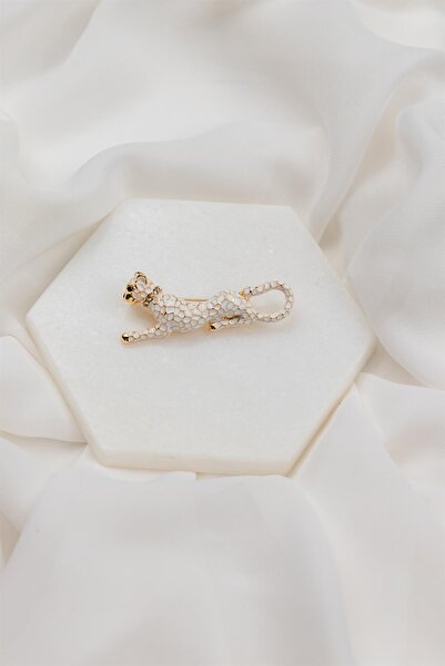 Sacha Accessories Kaplan Figürlü Beyaz Gold Broş