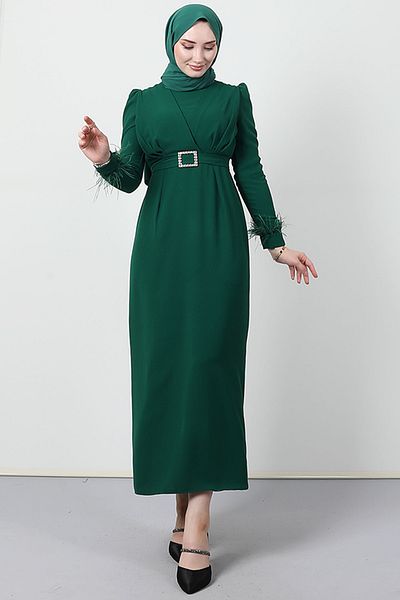 Giza Giyim Φόρεμα Hijab με λεπτομέρεια με πούπουλα σκούρο πράσινο