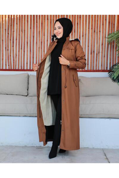 KMKkombin KMKOMBIN ÖZaltay917 قماش بونديت نسائي كامل الطول مع فرو داخلي وقلنس...