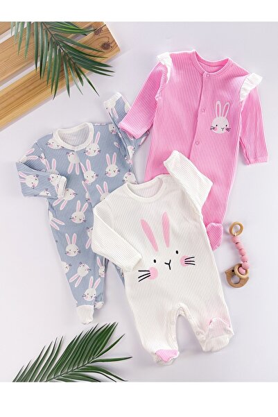 dubi baby şeker pembe brüksel kolları fırfır tavşan desenli kız bebe 3'lü tulum