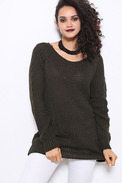AVORWE U Collar Back Hair Braid Slit Sleeves Openwork Knitwear
