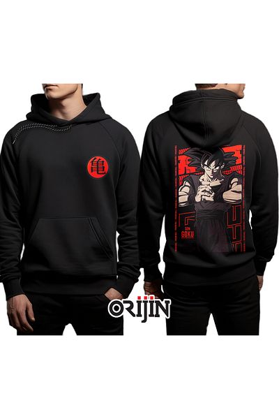 Orijin Tekstil Dragon Ball Son Goku Черен суичър с качулка с щампа отпред и отзад