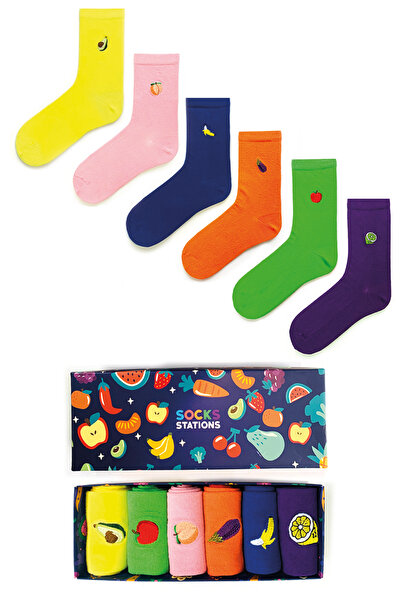 Socks Stations 6-пакет кутия за чорапи с бродерия на зеленчуци и плодове / коледни чорапи и коледен подарък.
