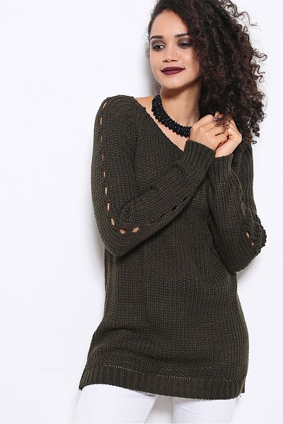 AVORWE U Collar Back Hair Braid Slit Sleeves Openwork Knitwear