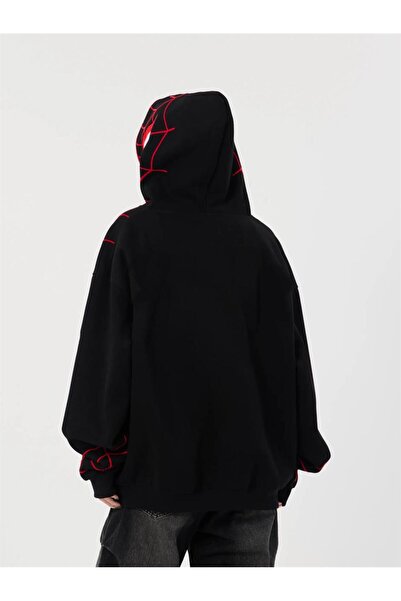 Touz zolid wear Y2k Streetwear Spider Web Oversize Μαύρη ζακέτα με κουκούλα Unisex με φερμουάρ
