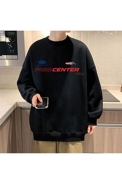 Touz Φούτερ F422 Center Printed Μαύρο Unisex Oversize Crew Neck Φούτερ