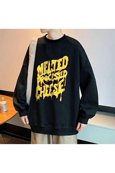 Touz Blunt Cheese Printed Black Unisex Oversize Crew Neck Sweatshirt