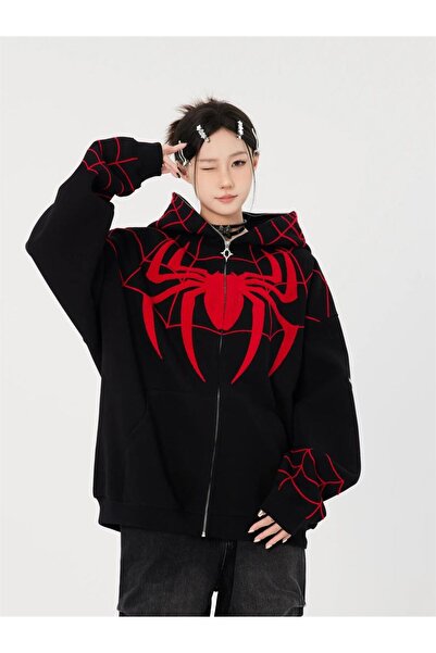 Touz zolid wear Y2k Streetwear Spider Web Oversize Μαύρη ζακέτα με κουκούλα Unisex με φερμουάρ
